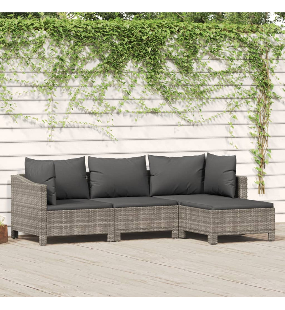 Salon de jardin 4 pcs avec coussins Gris Résine tressée Salon de jardin 4 pcs avec coussins Gris Résine tressée