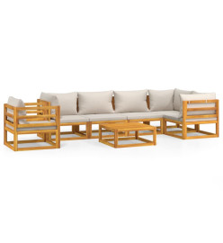 Salon de jardin 7 pcs avec coussins gris clair bois massif