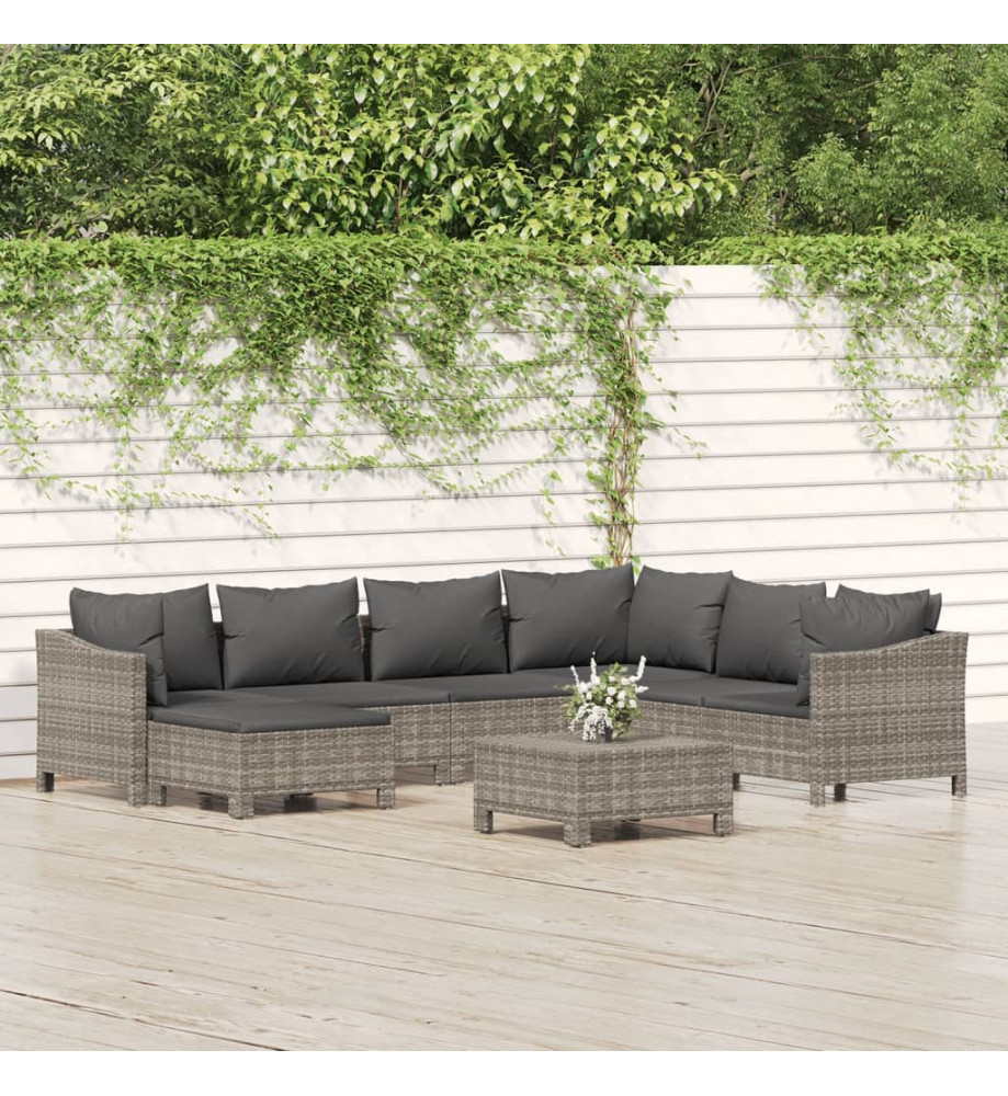 Salon de jardin 8 pcs avec coussins Gris Résine tressée