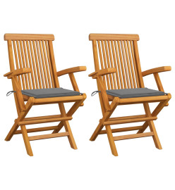 Chaises de jardin avec coussins gris 2 pcs Bois de teck massif