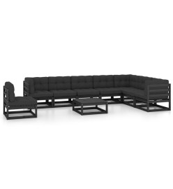 Salon de jardin 9 pcs avec coussins Noir Bois de pin massif