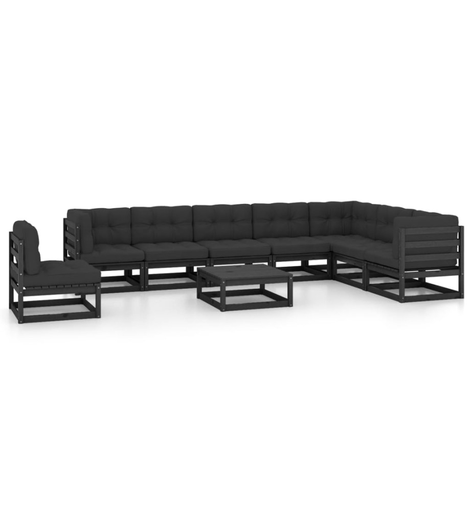 Salon de jardin 9 pcs avec coussins Noir Bois de pin massif Salon de jardin 9 pcs avec coussins Noir Bois de pin massif