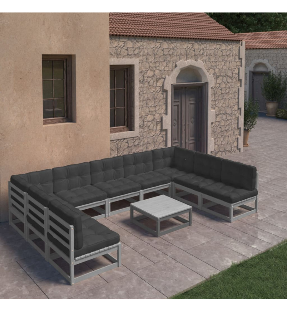 Salon de jardin 10 pcs avec coussins Gris Bois de pin massif Salon de jardin 10 pcs avec coussins Gris Bois de pin massif