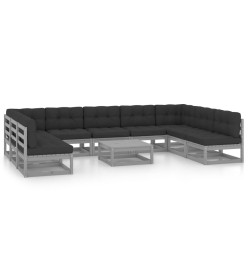 Salon de jardin 10 pcs avec coussins Gris Bois de pin massif