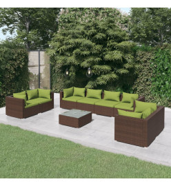 Salon de jardin 9 pcs avec coussins Résine tressée Marron