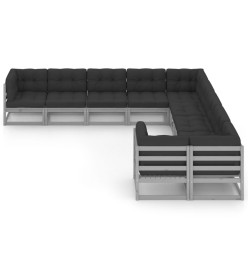 Salon de jardin 10 pcs avec coussins Gris Bois de pin massif