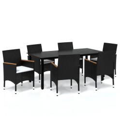 Mobilier à dîner de jardin et coussins 7pcs Résine tressée Noir