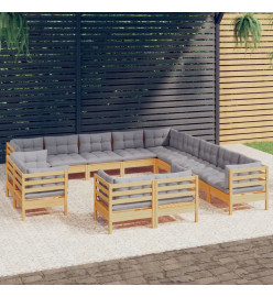 Salon de jardin 13 pcs avec coussins gris bois de pin solide