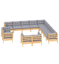 Salon de jardin 13 pcs avec coussins gris bois de pin solide