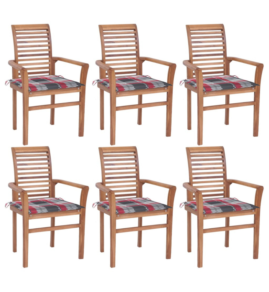 Chaises à dîner 6pcs avec coussins à carreaux rouge Teck solide Chaises à dîner 6pcs avec coussins à carreaux rouge Teck solide