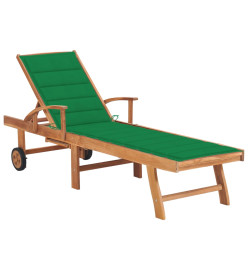 Chaise longue avec coussin vert Bois de teck solide