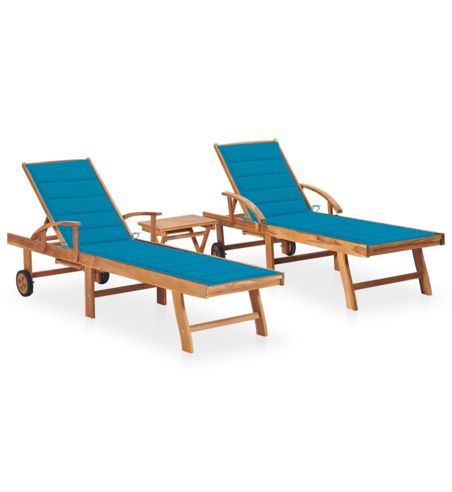 Chaises longues 2 pcs avec table et coussin Bois de teck solide Chaises longues 2 pcs avec table et coussin Bois de teck solide