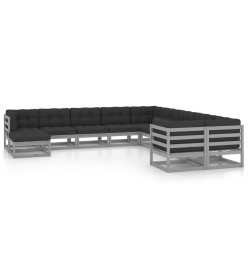 Salon de jardin 11 pcs avec coussins Gris Bois de pin massif