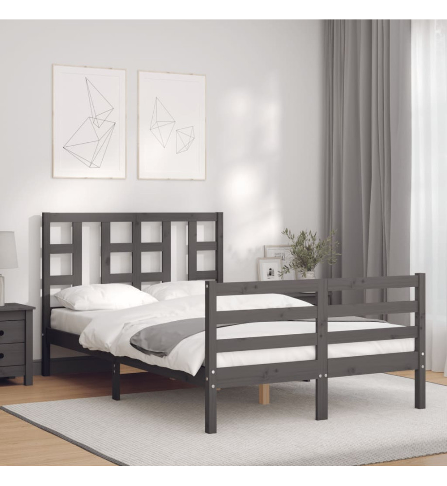 Cadre de lit avec tête de lit gris petit double bois massif Cadre de lit avec tête de lit gris petit double bois massif