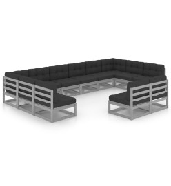 Salon de jardin 12 pcs avec coussins Gris Bois de pin massif