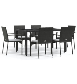 Ensemble à dîner de jardin et coussins 7pcs Noir Résine tressée