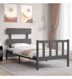 Cadre de lit avec tête de lit gris simple bois massif