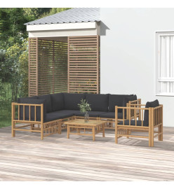 Salon de jardin 7 pcs avec coussins gris foncé bambou