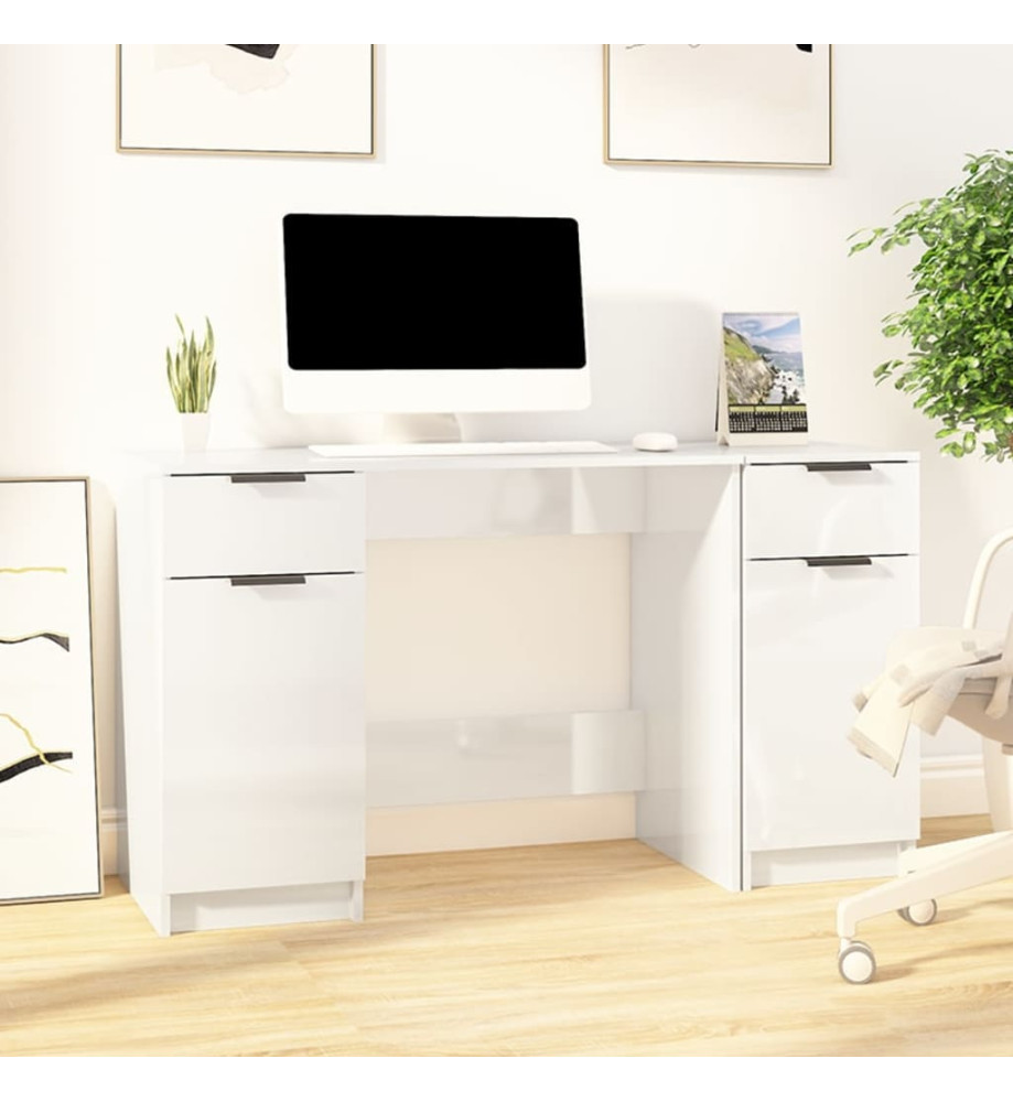 Bureau avec armoire latérale Blanc brillant Bois d'ingénierie