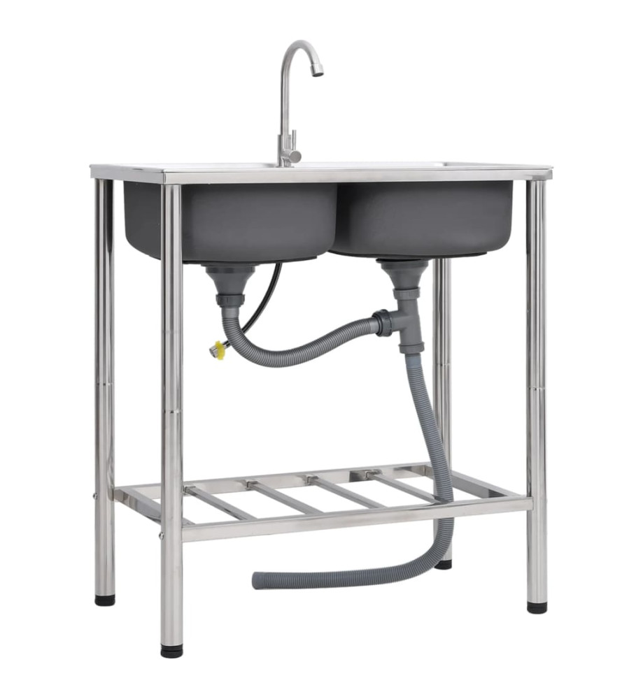 Évier de camping Double lavabo avec robinet Acier inoxydable