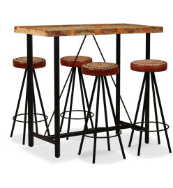 Ensemble de bar 5 pcs Bois de récupération Cuir véritable et toile