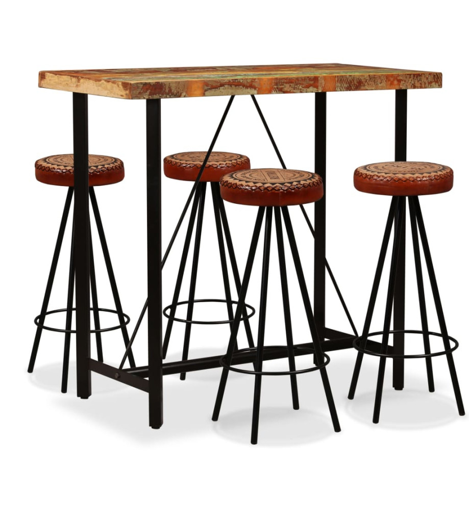 Ensemble de bar 5 pcs Bois de récupération Cuir véritable et toile