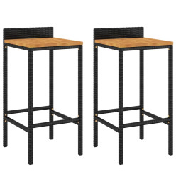 Tabourets de bar 2 pcs noir résine tressée et bois d'acacia