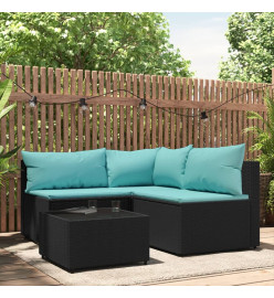 Salon de jardin 4 pcs avec coussins Noir Résine tressée