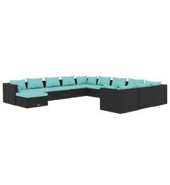Salon de jardin 12 pcs avec coussins Résine tressée Noir