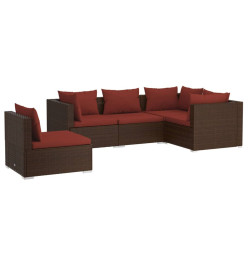 Salon de jardin 5 pcs avec coussins résine tressée marron