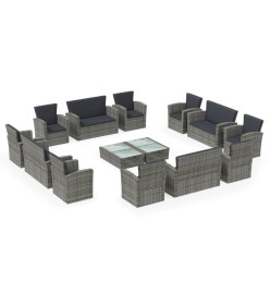 Salon de jardin 16 pcs avec coussins Résine tressée Gris