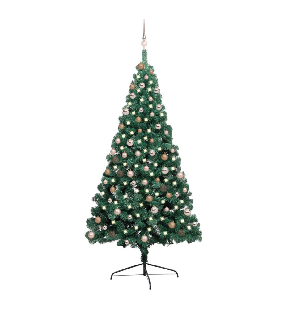 Demi-arbre de Noël artificiel pré-éclairé et boules vert 210 cm