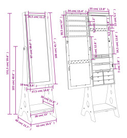 Armoire à bijoux miroir avec lumières LED sur pied