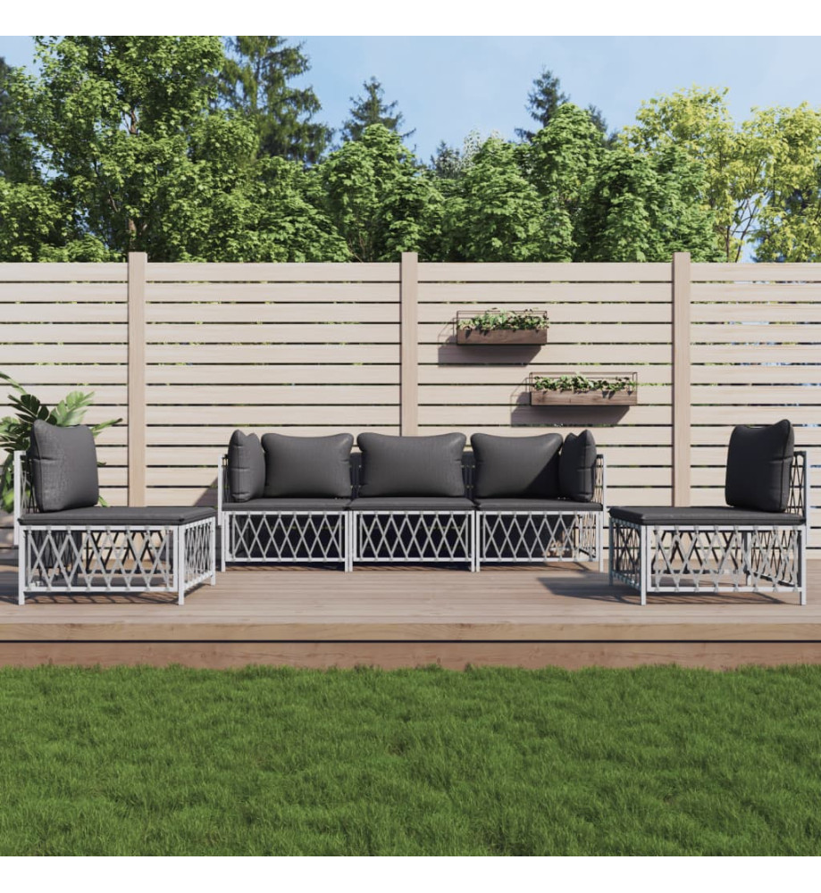 Salon de jardin avec coussins 5 pcs blanc acier Salon de jardin avec coussins 5 pcs blanc acier