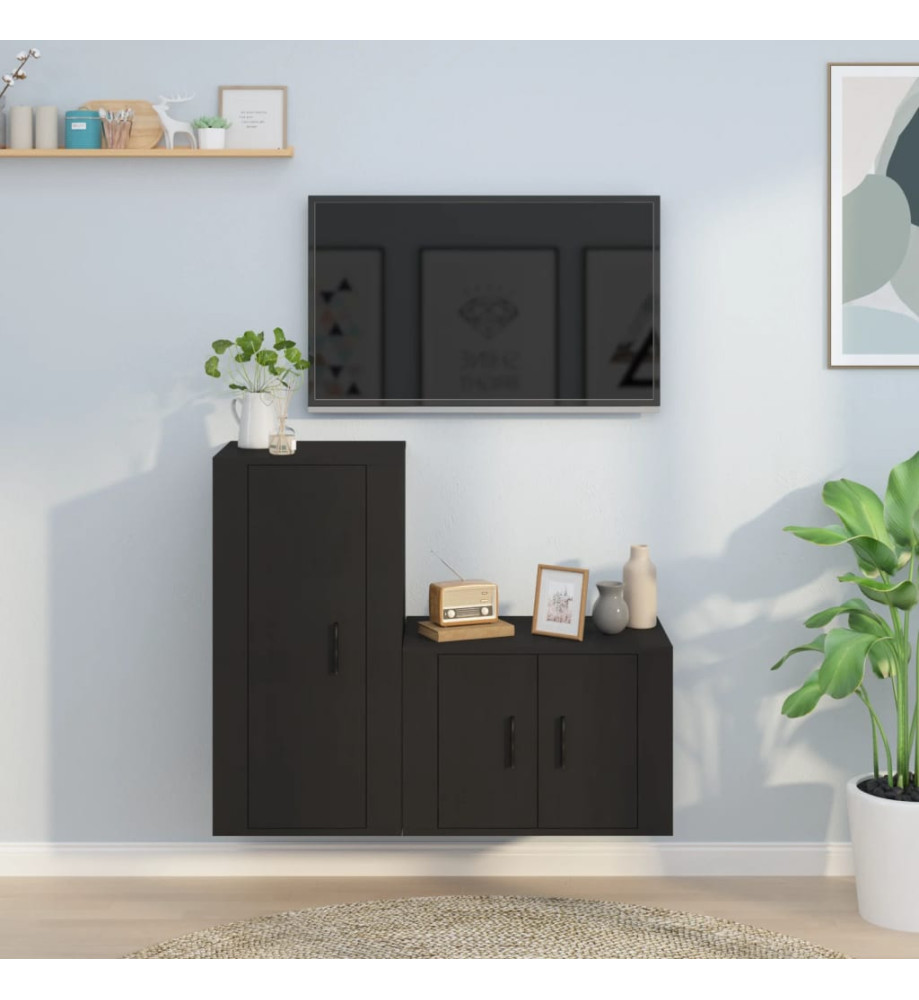 Ensemble de meubles TV 2 pcs noir bois d'ingénierie