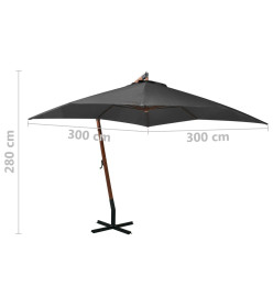 Parasol suspendu avec mât Anthracite 3x3 m Bois de sapin massif