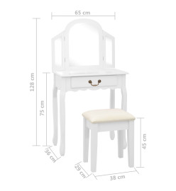 Coiffeuse et tabouret Blanc 65x36x128 cm Bois de paulownia MDF