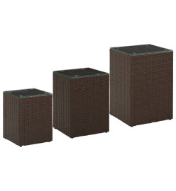 Tables d'appoint 3 pcs et dessus en verre Marron Résine tressée