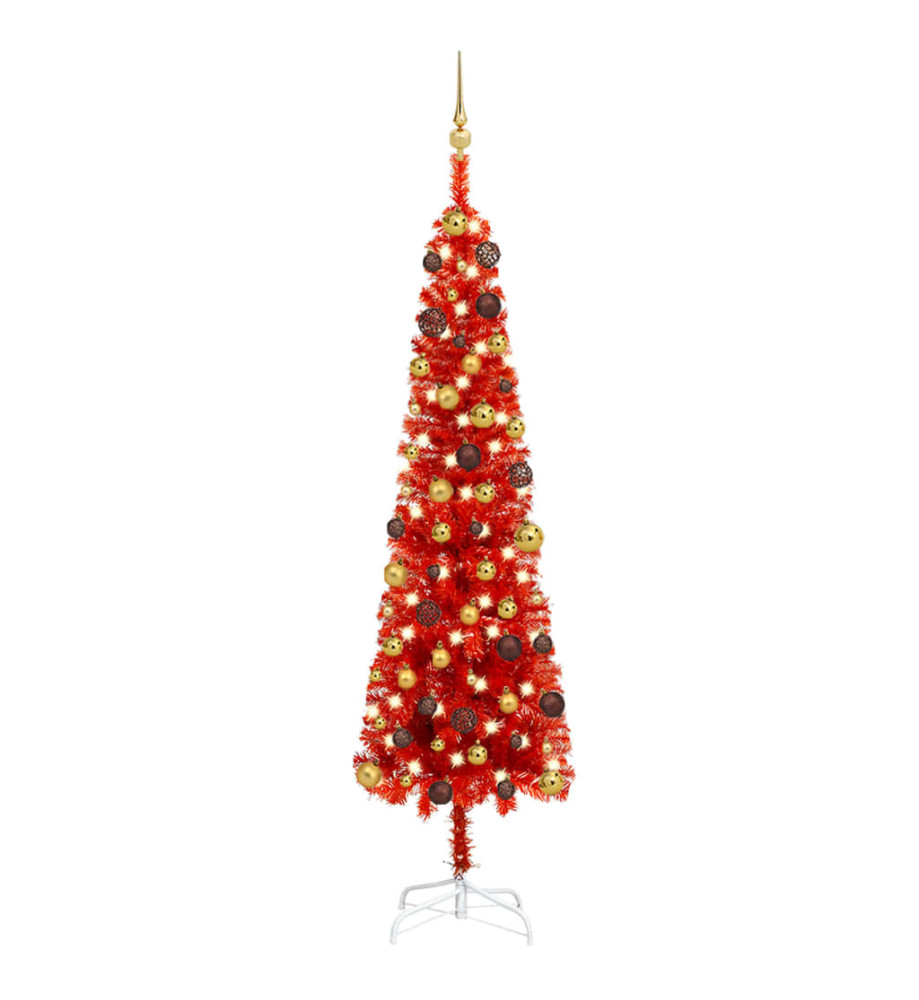 Arbre de Noël mince pré-éclairé et boules rouge 180 cm