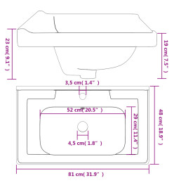 Évier de salle de bain blanc 81x48x23cm rectangulaire céramique