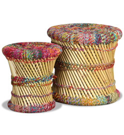 Tabourets avec détails chindi lot de 2 multicolore bambou