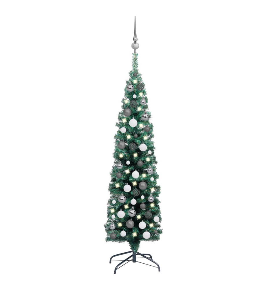 Sapin de Noël artificiel mince et LED et boules Vert 120 cm