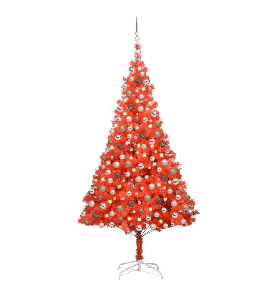 Arbre de Noël artificiel pré-éclairé et boules rouge 210 cm PVC