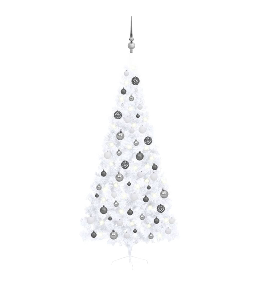 Demi-arbre de Noël artificiel pré-éclairé et boules blanc 210cm