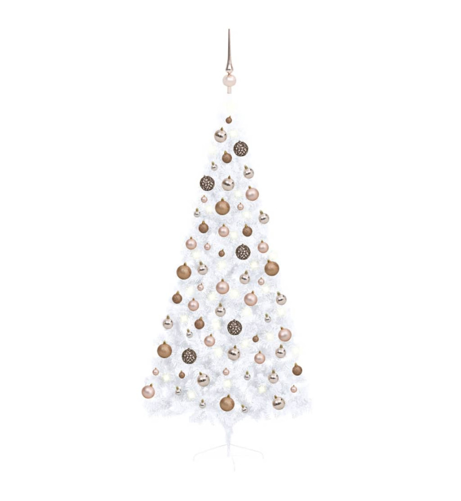 Demi-arbre de Noël artificiel pré-éclairé et boules blanc 180cm