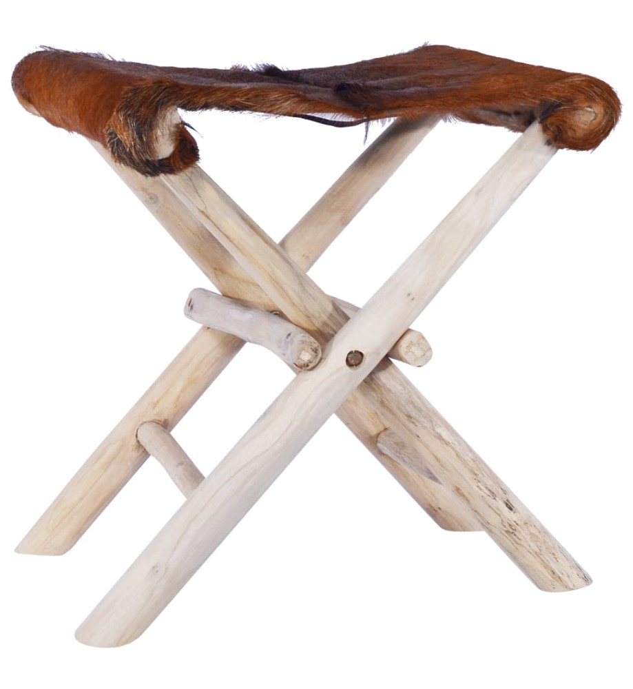 Tabouret pliable Cuir véritable et bois de teck massif