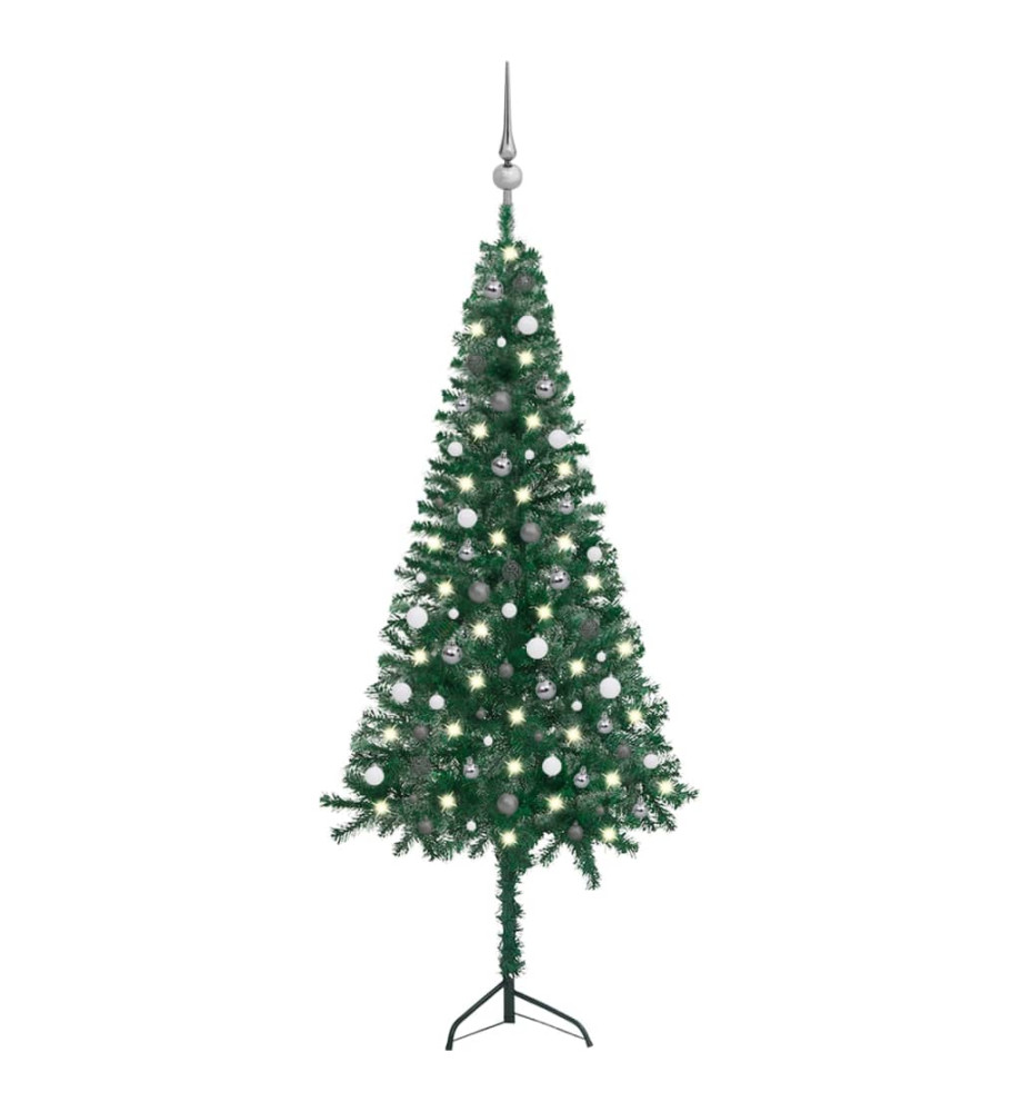 Arbre de Noël artificiel d'angle LED et boules Vert 240 cm PVC