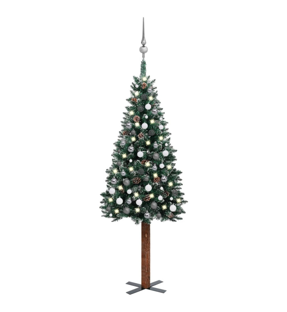 Sapin de Noël mince pré-éclairé et boules vert 210 cm