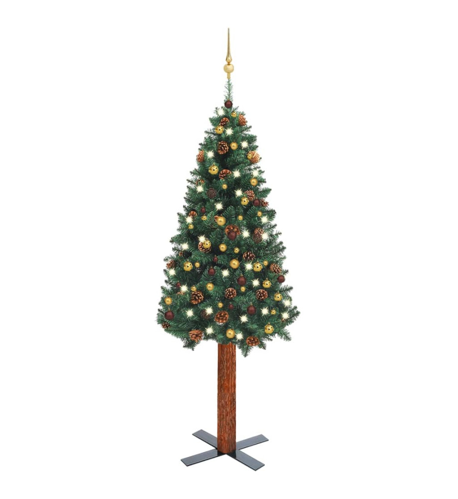 Sapin de Noël mince pré-éclairé et boules vert 210 cm