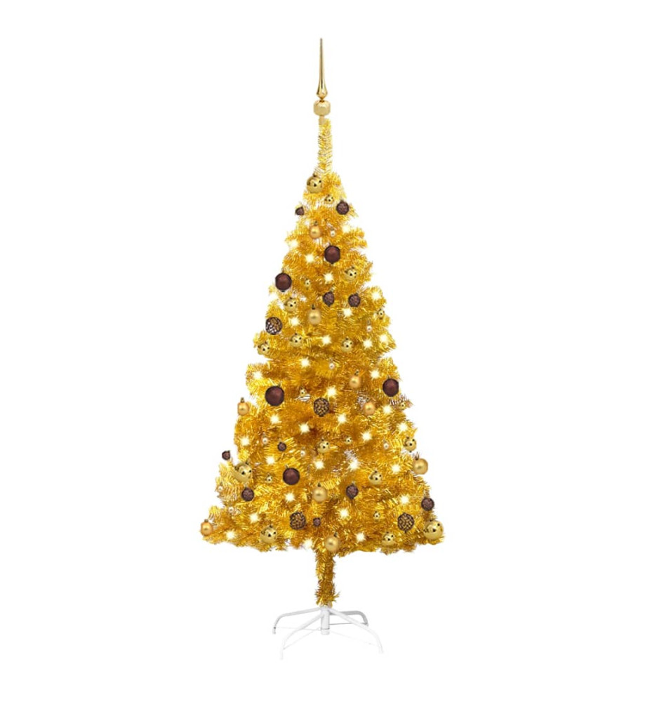 Arbre de Noël artificiel pré-éclairé et boules doré 150 cm PET